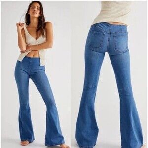 31 We The Free People Penny Pull On Flare Stretch Sapphire Medium Blue Jeans
